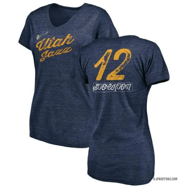 John Stockton Women's Navy Utah Jazz Sideline V-Neck T-Shirt