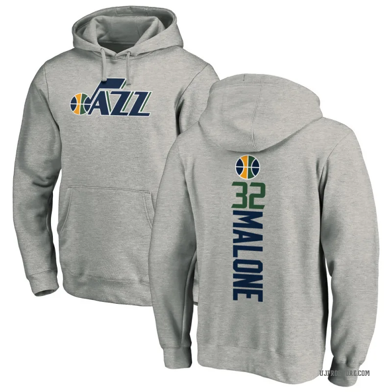 Karl Malone Men's Utah Jazz Branded Ash Backer Pullover Hoodie