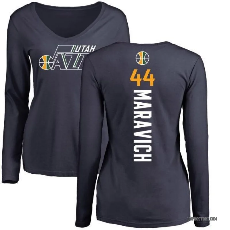 Pete Maravich Women's Navy Utah Jazz Backer Long Sleeve T-Shirt