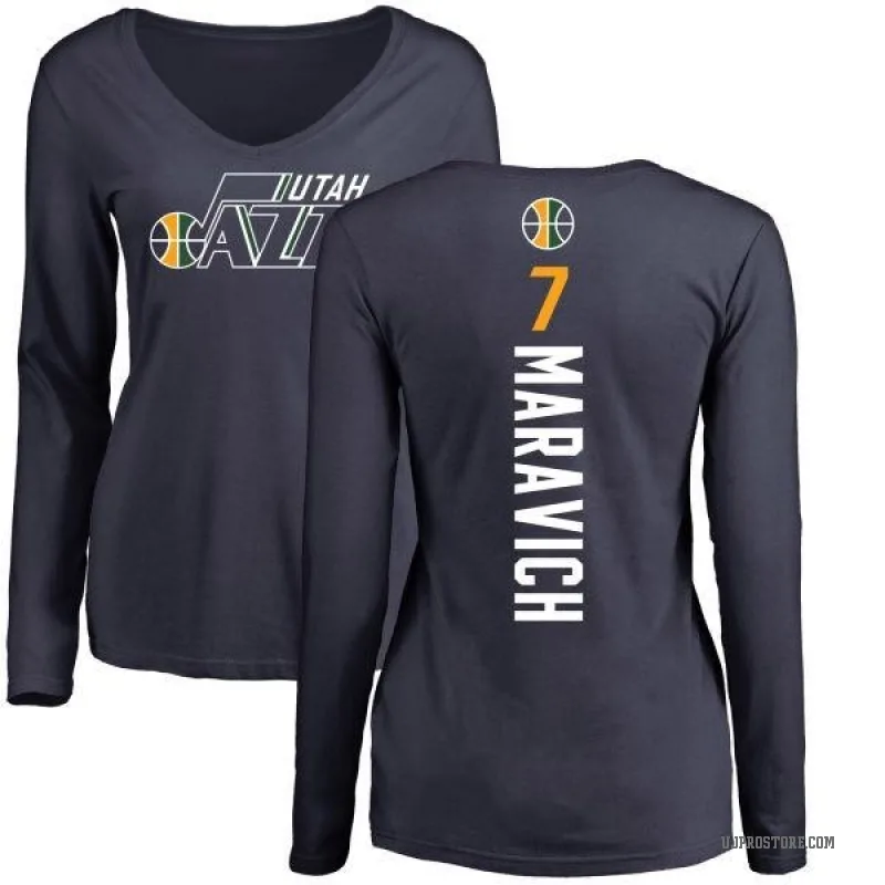 Pete Maravich Women's Navy Utah Jazz Backer Long Sleeve T-Shirt